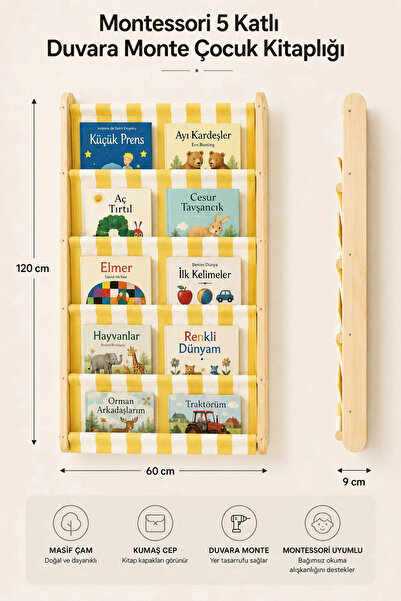 EverAlpina Montessori Duvara Monte Ahşap Çocuk Kitaplığı Kumaş Cepli Kitap Dü...