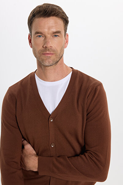 Tudors Men's Standard Fit Regular Fit Buttoned Plain Cotton Brown Cardigan