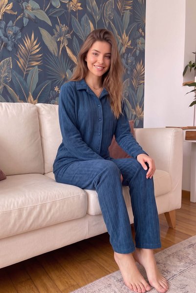 Pijamaevi Petrol Yeşili Düz Önden Düğmeli Peluş Polar Pijama Takımı