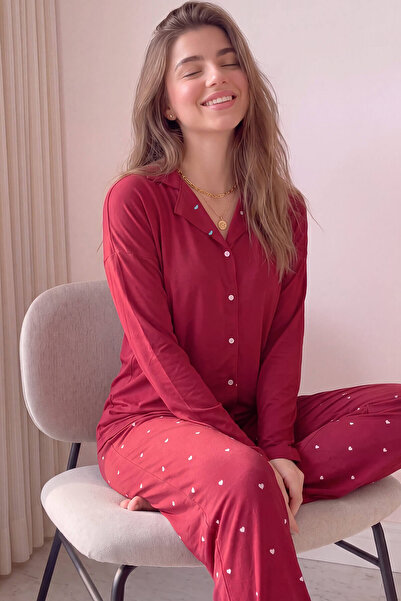 Pijamaevi Bordo Heart Desenli Bambu Önden Düğmeli Uzun Kol Kadın Pijama Takımı