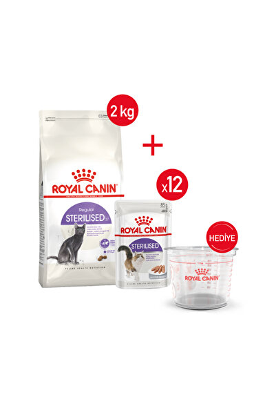 Royal Canin Sterilised37 - Kuru Kedi Maması 2 kg + Yaş Mama 12x85 gr + Ölçü kabı
