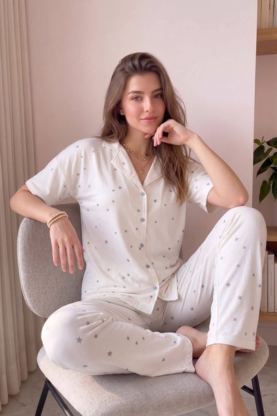 Pijamaevi طقم بيجامة بأكمام قصيرة وأزرار أمامية من الخيزران منقوشة من إكرو توايلايت