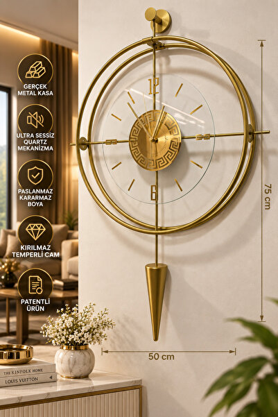 MetaQuartz Aksesuar Büyük Boy (50X90CM)-Exclusive (Laclock Konikli Gold )Şeffaf Tamperli Kırılmaz Cam Metal Duvar Saati