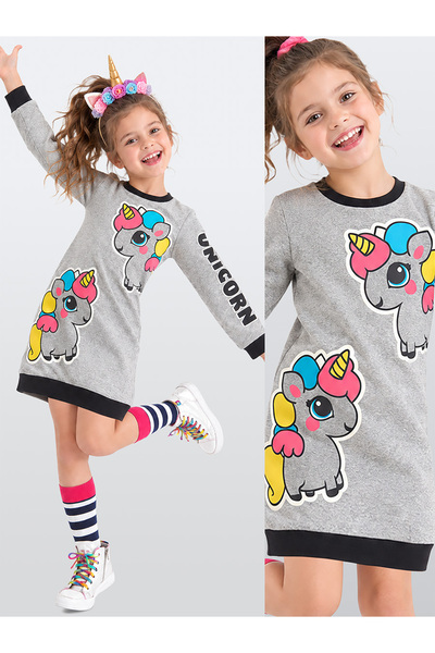 Denokids Unicorn Kız Çocuk Gri Sweat Elbise