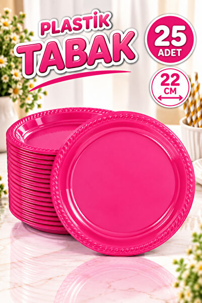 Huzur Party Store Fuşya Renginde 22'cm 25'li Parlak Tabak Renkli Dayanıklı Ko...