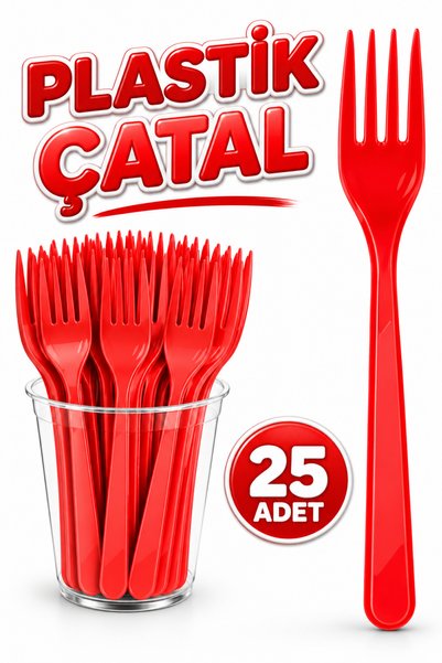 Huzur Party Store 25 Adet Kırmızı Renkli Çatal Sert Dayanaklı Plastik Lüks Ku...