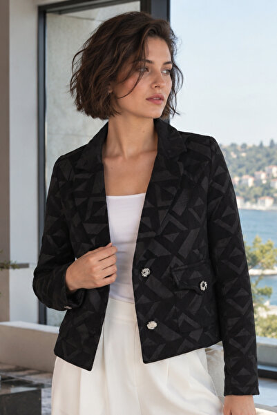 armonika Women's Black Men's Collar Square Pocket Crop Jacket Arm-26K001086