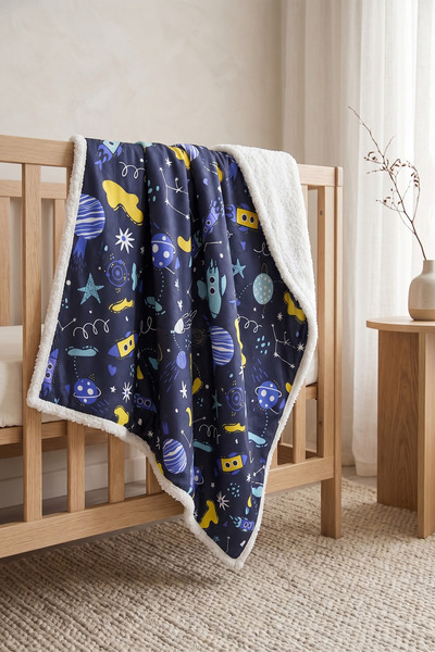 HAMUR Fluffy Bebek Battaniyesi 80x100 Cm Space Kundak Puset Çift Taraflı Koyu...