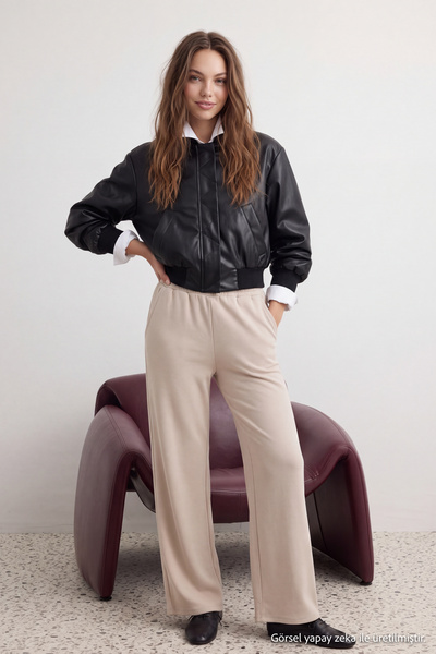Trendyol Collection Stone Soft/Soft Touch Pocketed Wideleg/Relaxed Fit Knitte...