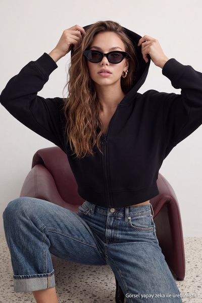 Trendyol Collection Black Basic Zippered Hooded Crop Thick Fleece Inside Knit...