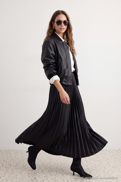 Trendyol Collection Black Pleated Maxi Stretchy Knit Skirt TWOSS24ET00041