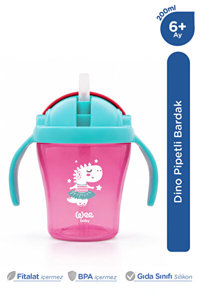 Wee Baby Dino Pipetli Ve Kulplu Akıtmaz Bebek Bardağı Suluk 200 Ml Pembe