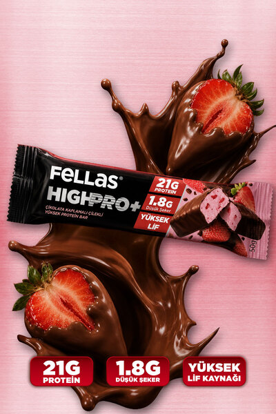 Fellas Çikolata Kaplı HighPro+ Protein Bar - Çilekli (50 g) - 12 Adet