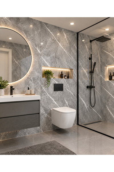 Renkli Duvarlar 60x30cm Gri Mermer Desen Yapışkanlı Karavan Prefabrik Banyo Wc Yer Duvar Pvc Kaplama Paneli TX-058
