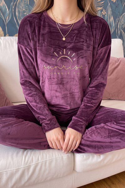 Pijamaevi Mürdüm Sunshine Desenli Exclusive Kadife Kadın Pijama Takımı