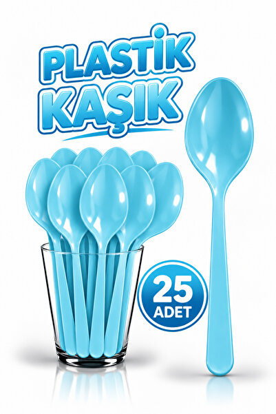 Huzur Party Store 25 Adet Mavi Renkli Kaşık Sert Dayanaklı Plastik Lüks Kulla...