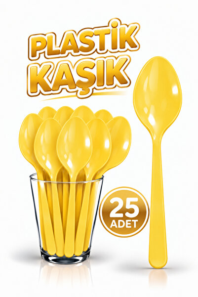 Huzur Party Store 25 Adet Sarı Renkli Kaşık Sert Dayanaklı Plastik Lüks Kulla...