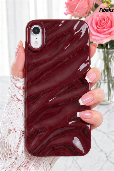 Fibaks iPhone XR Kılıf Parlak Kabartmalı Dalga Tasarımlı Desenli Mürdüm Darbe...