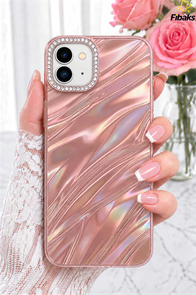 Fibaks iPhone 11 Kılıf Taşlı Parlak Dalga Desenli Kamera Çerçeveli Darbe Emic...