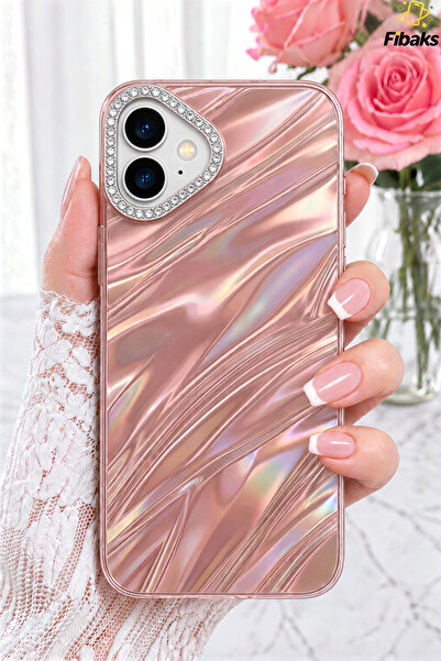 Fibaks iPhone 16 Kılıf Taşlı Parlak Dalga Desenli Kamera Çerçeveli Darbe Emic...