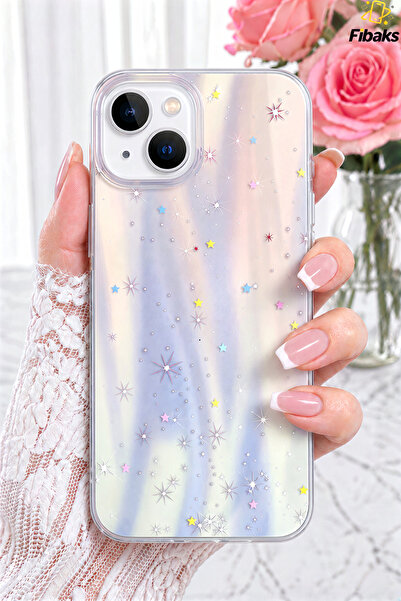 Fibaks iPhone 13/14/15 Kılıf Hologramlı Yıldız Işıltısı Desenli Şeffaf Siliko...