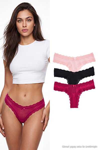 Trendyol Collection Black-Burgundy-Pink 3-Piece Tulle Thong Panties Thmaw27Ku...