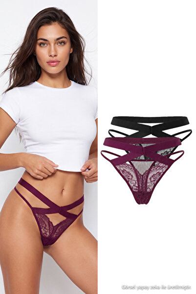 Trendyol Collection Black-Purple 2-Piece Tulle Thong Panties Thmaw27Ku00004