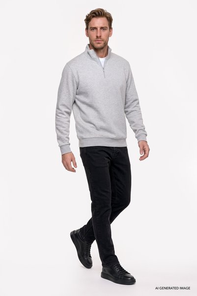 AC&Co / Altınyıldız Classics Hanorac din bumbac cu guler Bato, gri melange, croială standard, croială normală, cu fleece la interior, pentru bărbați