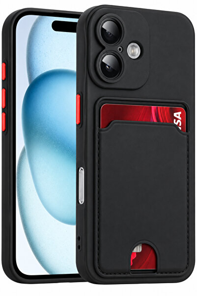 Fibaks iPhone 16 Kılıf Kamera Korumalı Arkası Kartlıklı Cüzdanlı Kırmızı Tuşl...