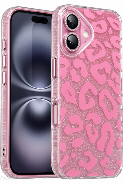 Fibaks iPhone 17 Kılıf Işıltılı Şeffaf Simli Pembe Leopar Desenli Premium Kam...