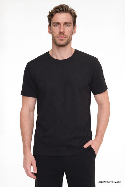 ALTINYILDIZ CLASSICS Men's Black Cotton Slim Fit Crew Neck Jacquard Stretch T...