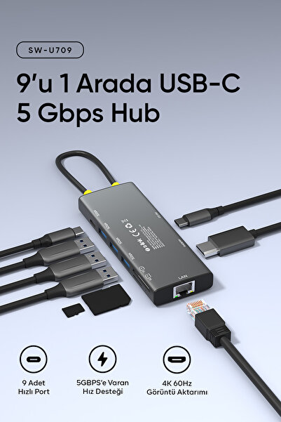 S-LINK SW-U709 9 in 1 Gri Metal 4K 60Hz HDMI 100W PD, RJ45 Gigabit, 3xUSB 3.2...