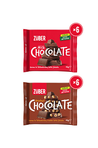 Züber Sütlü Çikolata 42g x 6 Adet + Fındıklı Sütlü Çikolata 42g x 6 Adet