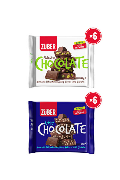 Züber Antep Fıstıklı Sütlü Çikolata 42g x 6 Adet + Pirinç Patlaklı Sütlü Çiko...