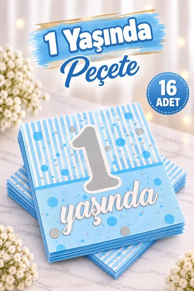 Huzur Party Store 16 Adet Erkek 1 Yaş Peçetesi Ilk Yaşım Doğum Günü Süsü Mavi...