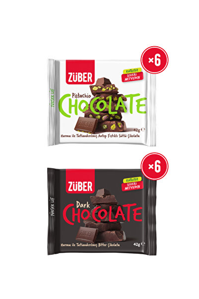 Züber Antep Fıstıklı Sütlü Çikolata 42g x 6 + Bitter Çikolata 42g x 6