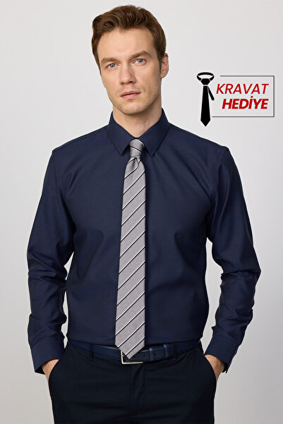 Tudors Slim Fit Lacivert Non-Iron %100 Pamuk Doğa Dostu Ekoteks Belgeli Gömlek