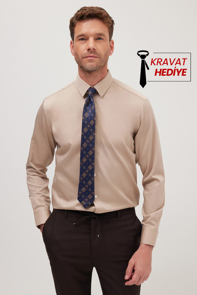 Tudors Slim Fit Bej Non-Iron %100 Pamuk Doğa Dostu Ekoteks Belgeli Gömlek