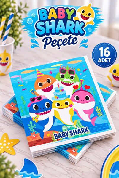 Huzur Party Store Baby Shark Karakter Temalı Peçete Bebek Köpekbalığı Doğum G...