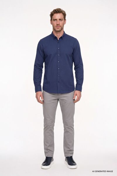 AC&Co / Altınyıldız Classics Erkek Lacivert %100 Pamuk Nefes Alabilen Terletmez Slim Fit Gömlek Flamlı Düğmeli Yaka