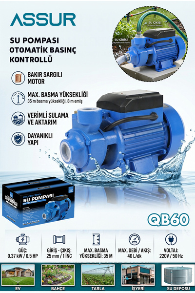 ASSUR QB60 35m Basınç Yüksekliği 0.5 Hp Bakır Sargı Elektrikli Santrifüj Pomp...