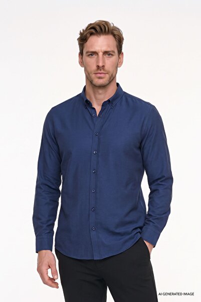 AC&Co / Altınyıldız Classics Erkek Oxford Koyu Lacivert Düğmeli Yaka Kolay Ütülenebilir Pamuklu Slim Fit Dar Kesim Gömlek