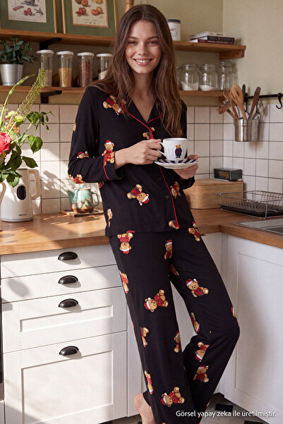 TRENDYOLMİLLA Siyah %100 Pamuklu Ayıcıklı Yılbaşı Temalı Biyeli Örme Pijama T...