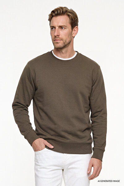 AC&Co / Altınyıldız Classics Erkek Haki Pamuklu Standart Fit Normal Kesim 2 İplik Bisiklet Yaka Sweatshirt