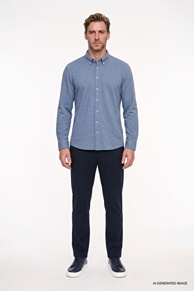 AC&Co / Altınyıldız Classics Erkek İndigo Pamuklu Tailored Slim Fit Dar Kesim Düğmeli Yaka Örme Gömlek