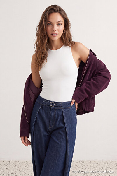 Trendyol Collection White Halter Neck Body-Hugging Snap-Fastened Knit with St...