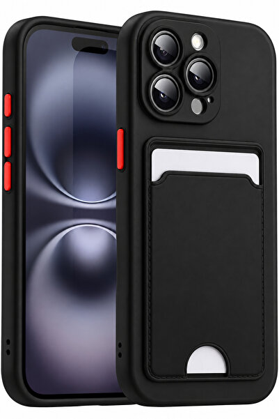 Fibaks iPhone 14 Pro Max Kılıf Kamera Korumalı Kartlıklı Cüzdanlı Kırmızı Tuş...