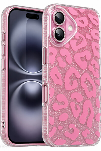 Fibaks iPhone 16 Kılıf Işıltılı Şeffaf Simli Pembe Leopar Desenli Premium Kam...