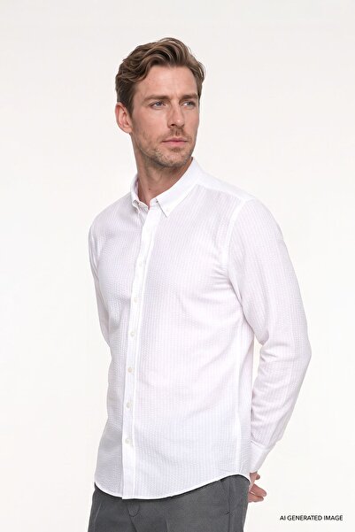 ALTINYILDIZ CLASSICS Men's White Slim Fit Slim Fit Button Collar Dobby Seersu...