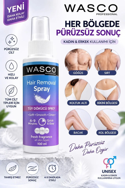 wasco Unisex Lazer Etkili Tüy Dökücü Sprey 100 ml - Tüm Vücut Kullanıma Uygun - Tüm Cilt Tipleri için